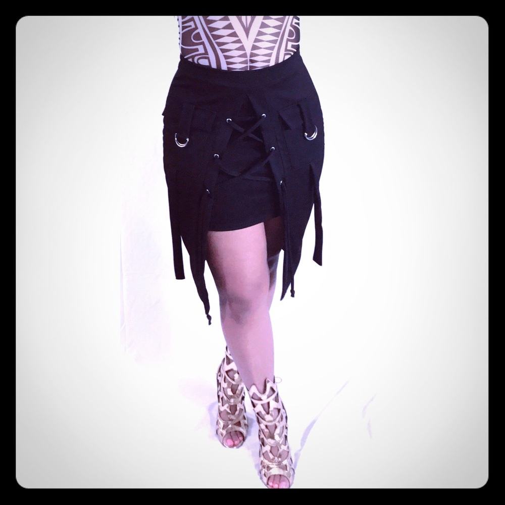 Stylish Lace Up Front Black Asymmetric Skirt